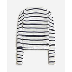 J. Crew Vintage Rib Split Neck Striped Tee Shirt Top Gold Buttons White Blue XS